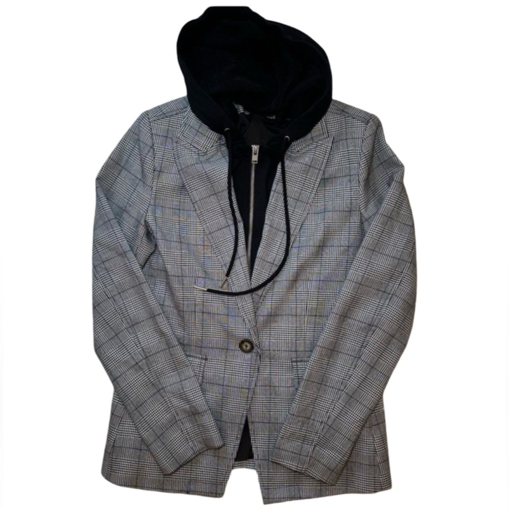 Plaid Gray Blazer with Black Hoodie Layered Look